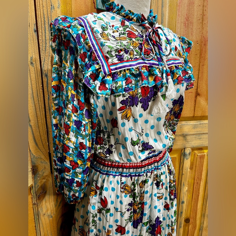 Diane Freis Georgette Vintage Summer Dress 60s Sailor Collar Ruffles Floral VTG